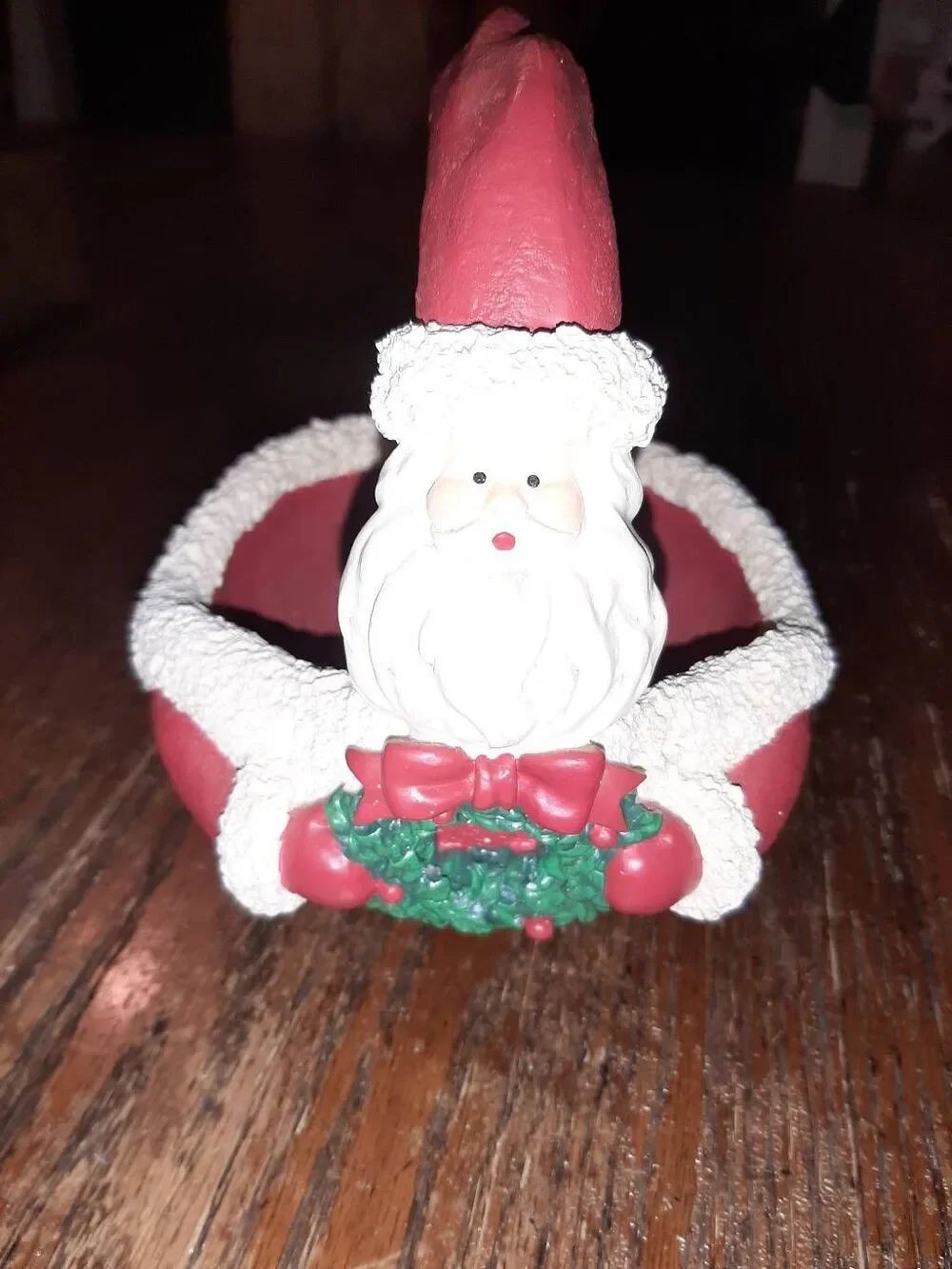 Vintage Dept 56 Santa Wreath Handled  Bowl Candy Treat Dish Christmas Holiday